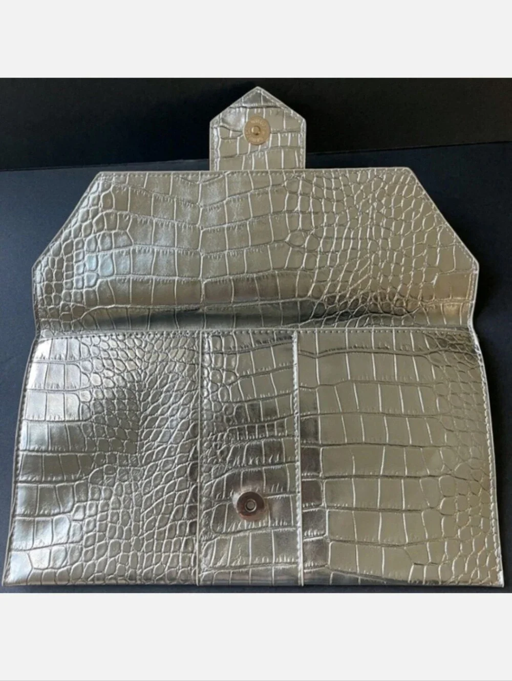 JJ Winters Nikki Oversized Clutch Handbag Vegan Faux Croc Purse Platinum